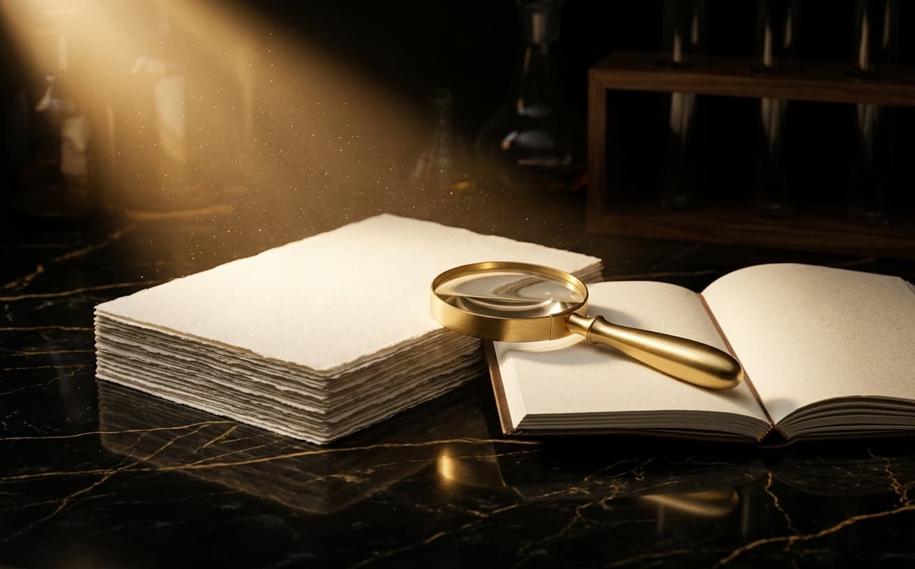Stack of analytical documents and reading glasses in soft daylight