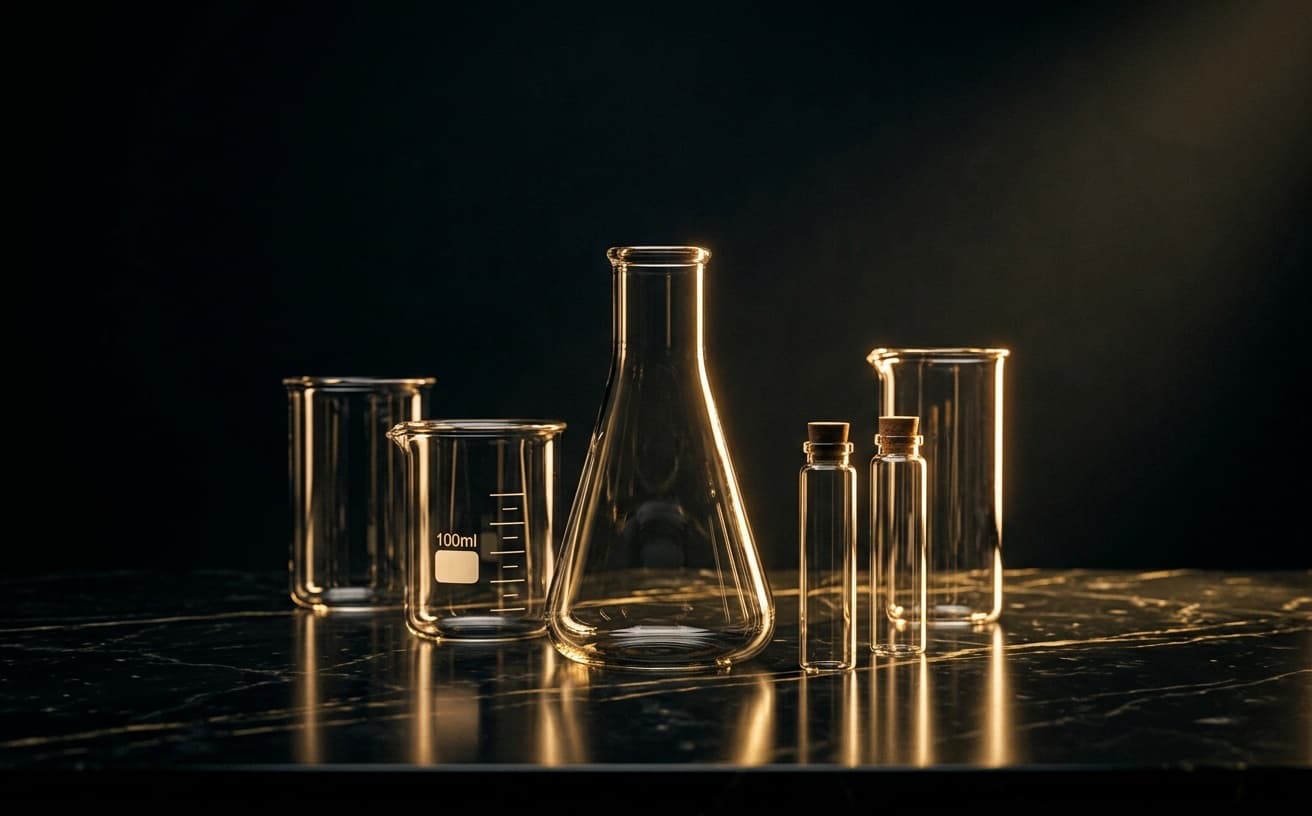 Analytical laboratory bench with chromatography glassware in soft daylight