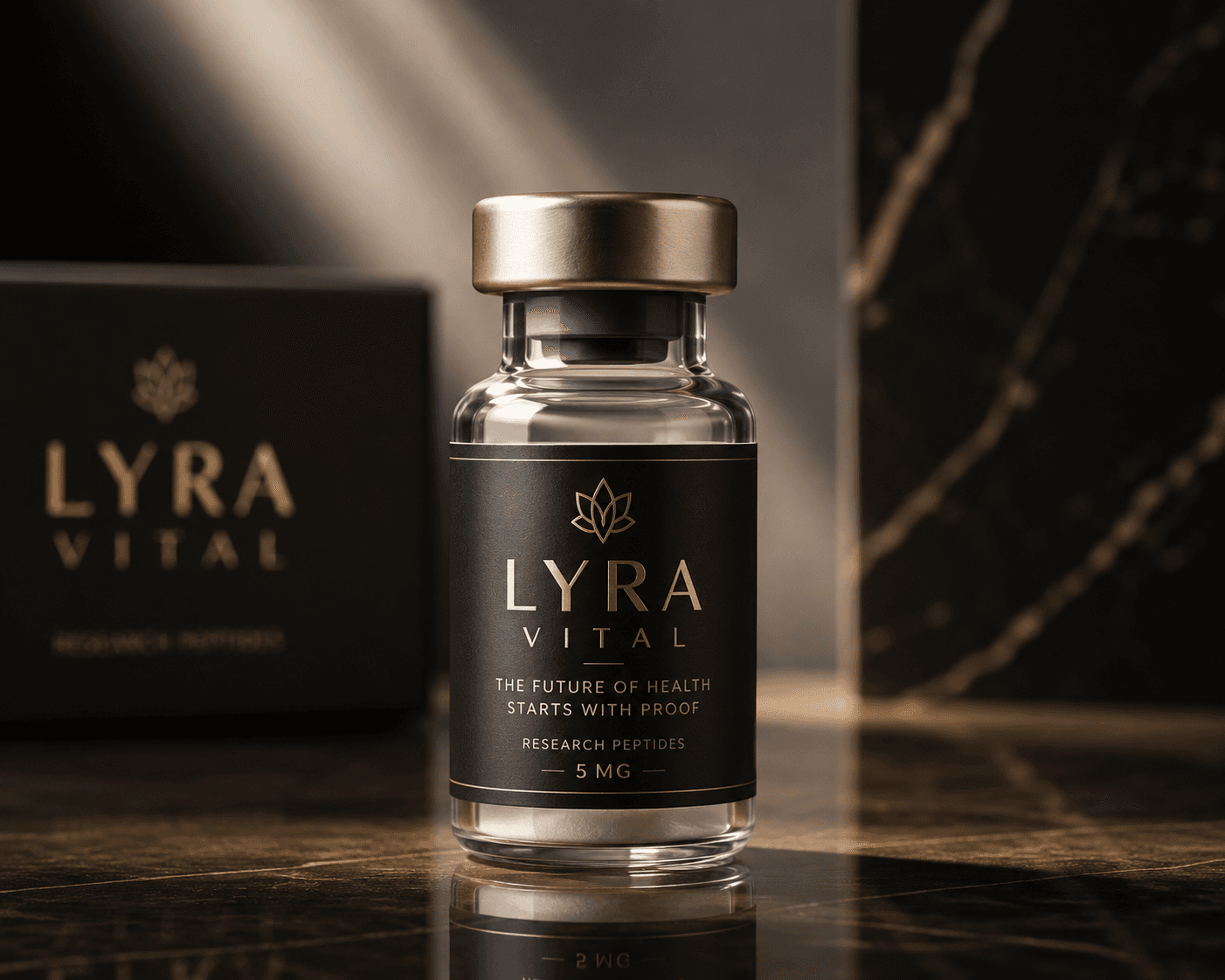 Lyra Vital research vial in brushed gold on black marble