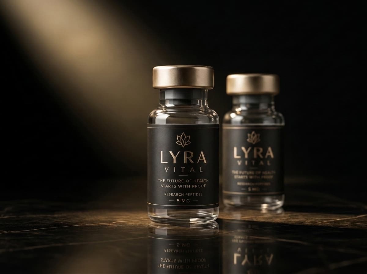 CJC-1295 (no DAC) — lyophilized powder in a Lyra Vital research vial on black marble