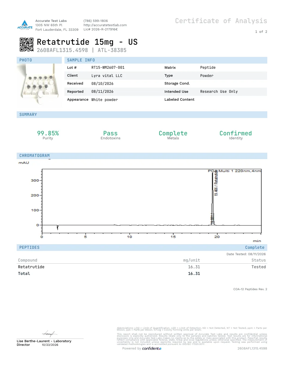 Retatrutide 15mg certificate of analysis, Accurate Test Labs, lot RT15-WM2607-001, client Lyra Vital LLC