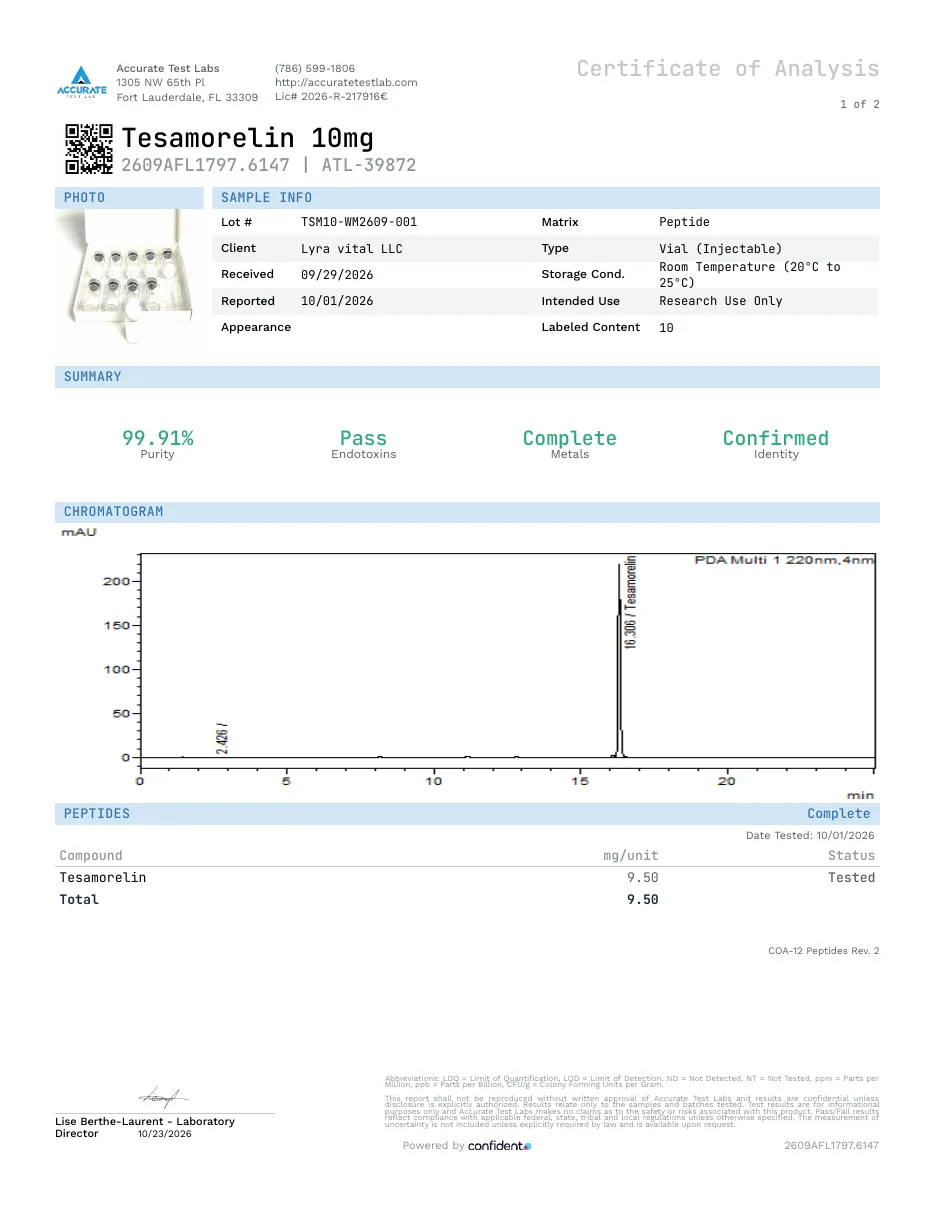 Tesamorelin 10mg certificate of analysis, Accurate Test Labs, lot TSM10-WM2609-001, client Lyra Vital LLC